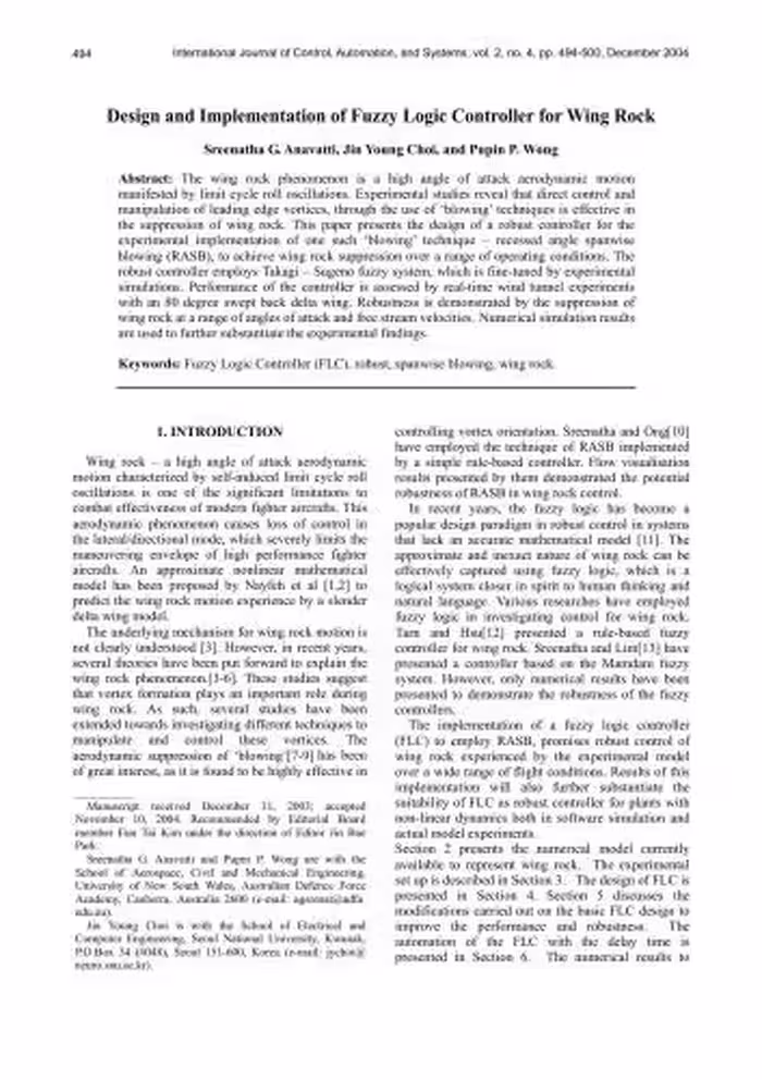 خرید و دانلود نسخه کامل کتاب Anavatti, Jin Young Choi, and Pupin P. Wong. Design and Implementation of Fuzzy Logic Controller for Wing Rock