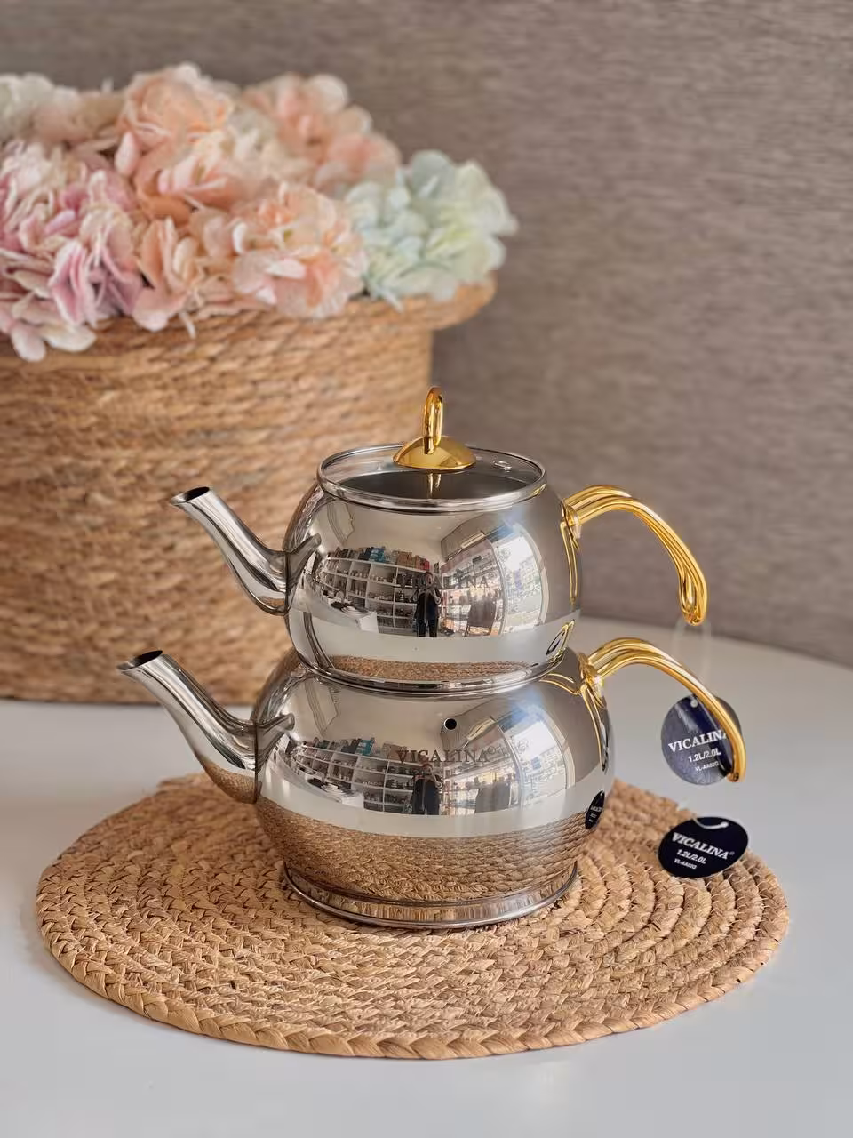 کتری قوری استیل دسته طلایی درب شیشه VICALINA کد 26