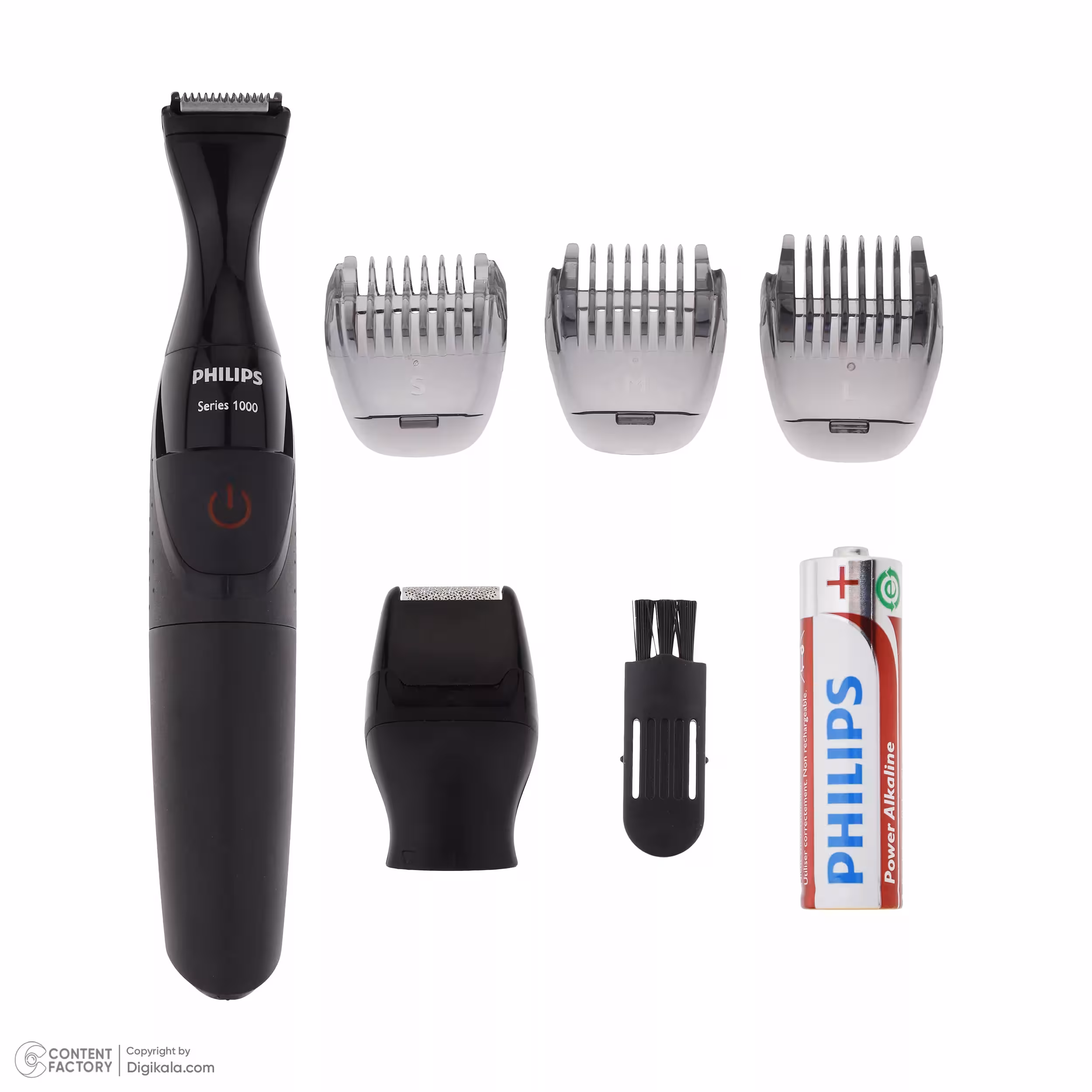 ماشین اصلاح موی صورت و بدن فیلیپس مدل MG1100، اصلاح به صورت تریمر، منبع انرژی باتری AA، تکنولوژی اصلاح به صورت برش مستقیم، به همراه برس تمیز کننده، سه عدد شانه و دو عدد سری، ضد آب و قابل شستشو، جنس تیغه از استیل ضد زنگ