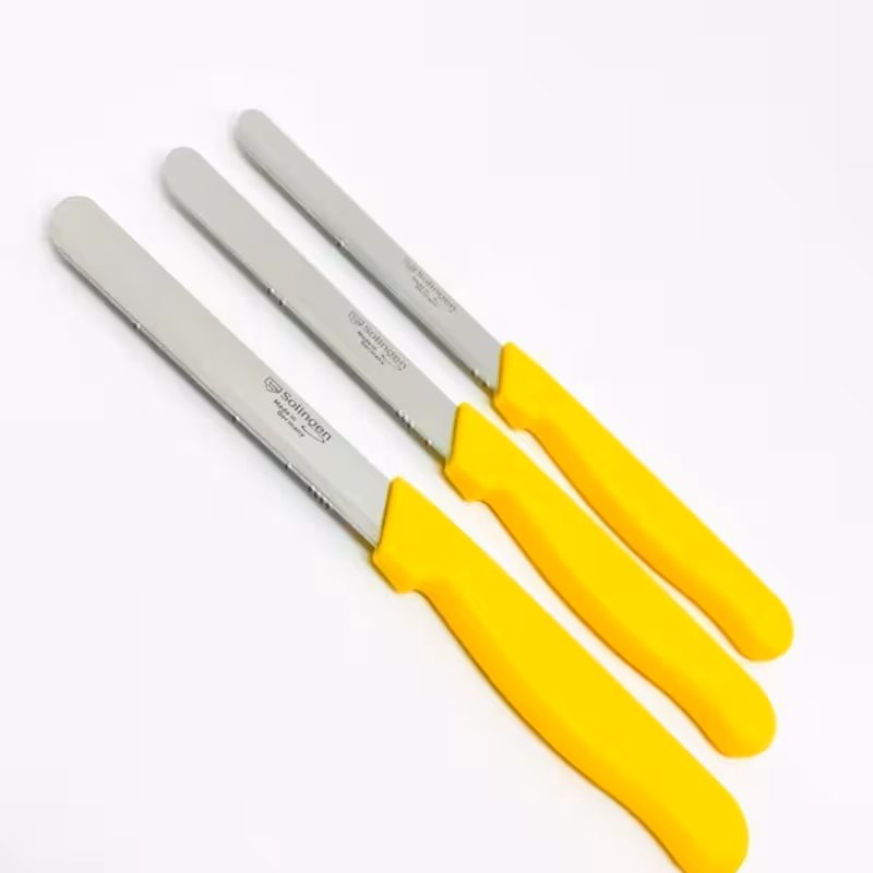 سه عدد چاقوی ریزبرش دندانه دار زرد سولینگن | تیغه فولادی ضدزنگ | دسته پلاستیکی زرد | برای برش دقیق مواد غذایی | چاقوی میکرو دندانه دار | مجموعه 3 عددی