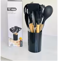 سرویس کفگیر و ملاقه سیلیکونی 12 پارچه مشکی دسته چوبی Kitchen Set