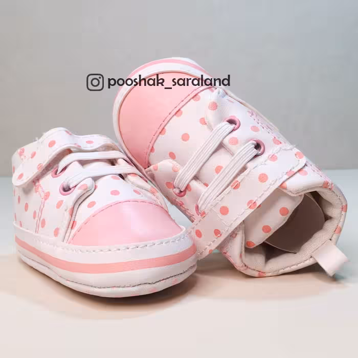 پاپوش نوزاد دخترانه خالدار چسبی صورتی