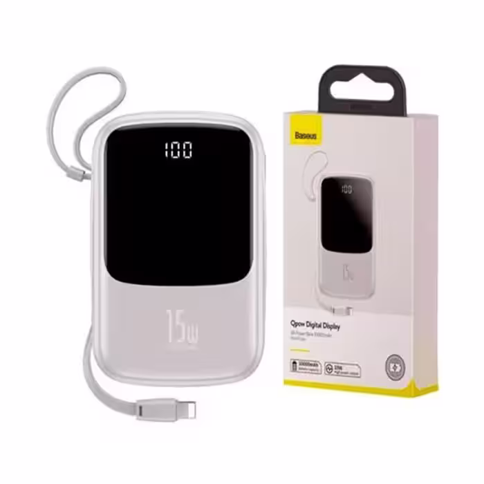 پاوربانک بیسوس 10000 میلی آمپر کابل متصل لایتنینگ Baseus QPow Digital Display Power Bank Iphone سفید