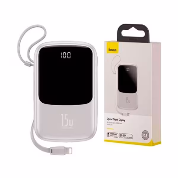 پاوربانک بیسوس 10000 میلی آمپر کابل متصل لایتنینگ Baseus QPow Digital Display Power Bank Iphone سفید