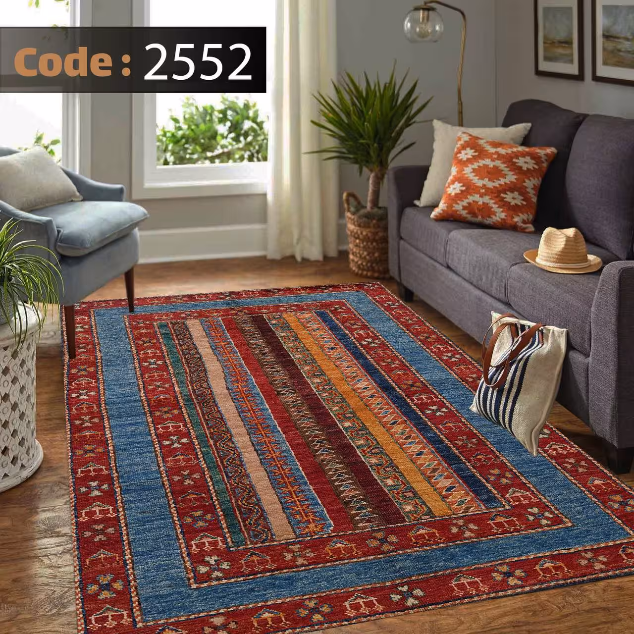 کاورفرش روفرشی دورکشدار گوشه لیفه ای لاکی ، آبی و متنوع کد 2552