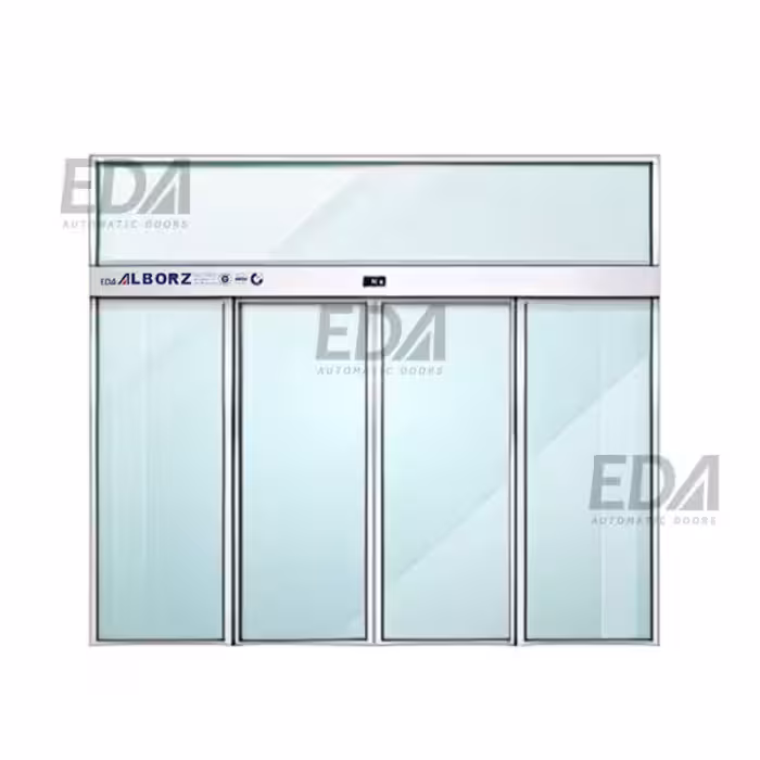 درب اتوماتیک شیشه ای دو لنگه بازشو اسلایدی