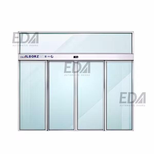 درب اتوماتیک شیشه ای دو لنگه بازشو اسلایدی