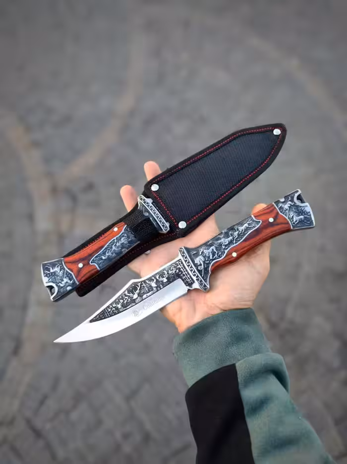 چاقو کارد شکاری کلمبیا سوییسی طول کار 28 سانت دارای غلاف برزنتی