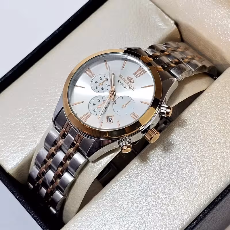 ساعت زنانه الگانس – طرح سه موتور فعال – بند دو رنگ – صفحه سفید