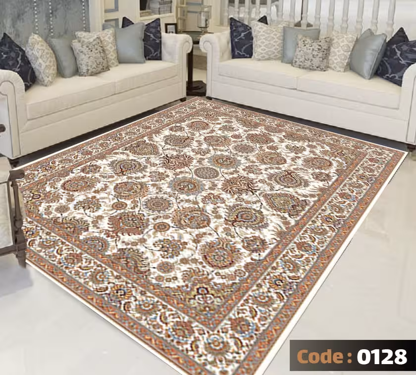 کاورفرش روفرشی دورکشدار گوشه لیفه ای کرم  قهوه ای کد 0128