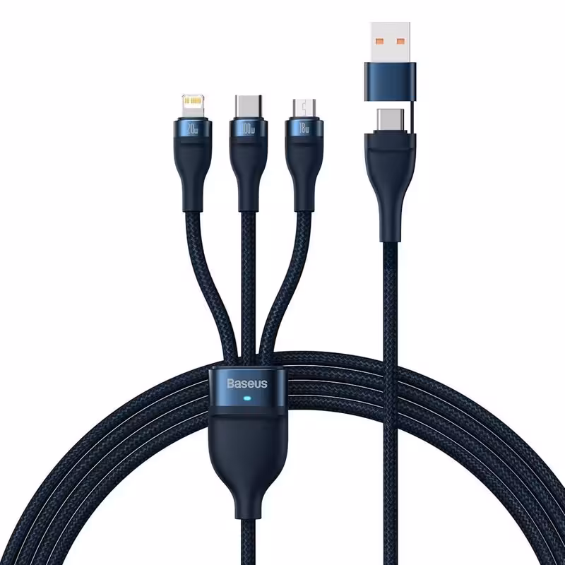 کابل تبدیل USB/USB-C به لایتنینگ/USB-C/micro-USB باسئوس مدل Flash Series 2-100W طول 12 متر
