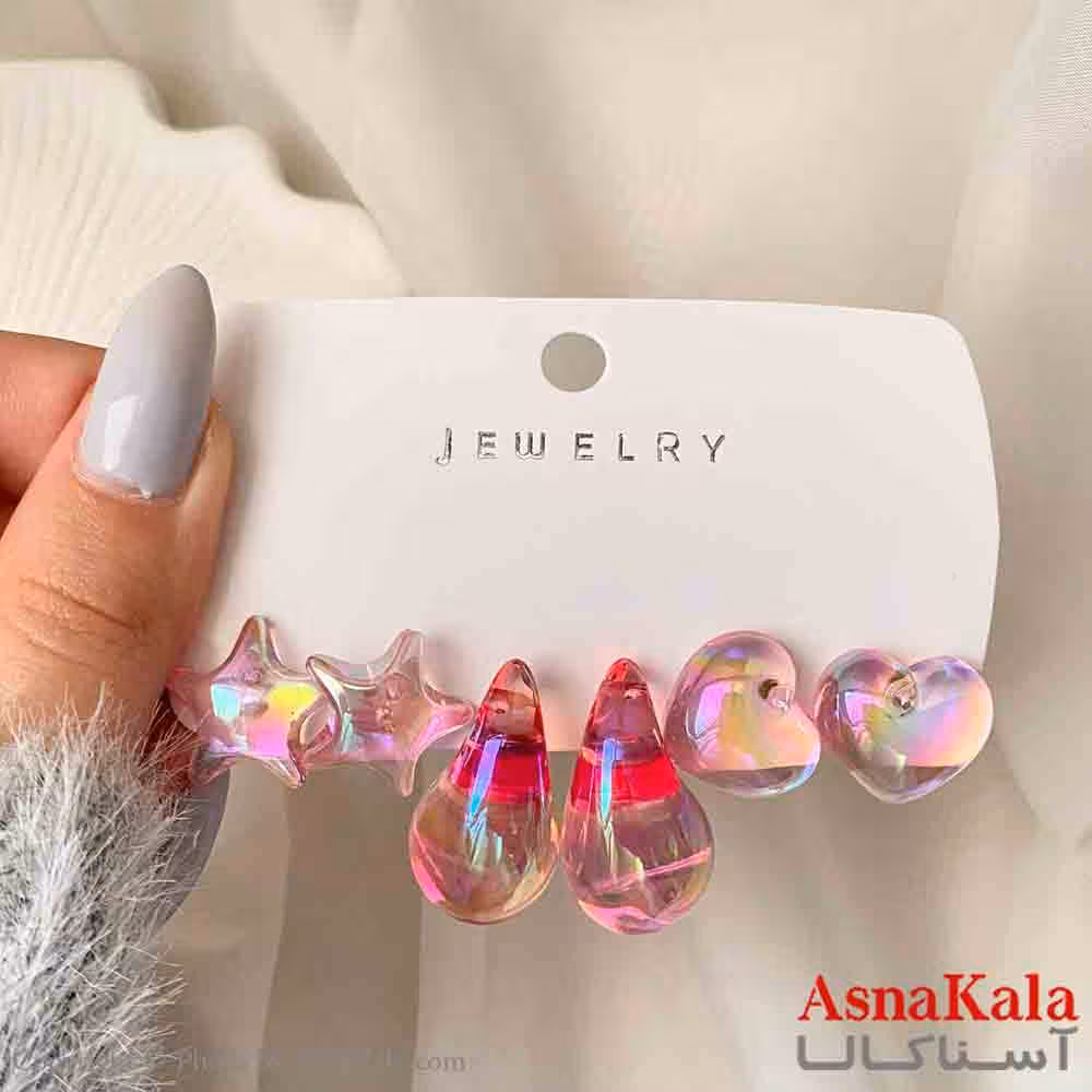 گوشواره زنانه استیل پک 3 جفتی مدل قلب وستاره  فانتزی رنگ صورتی کد GSH151916W
