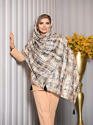 شال نخی شیری چهارخانه پتینه مشکی و نسکافه ای کد SG252
