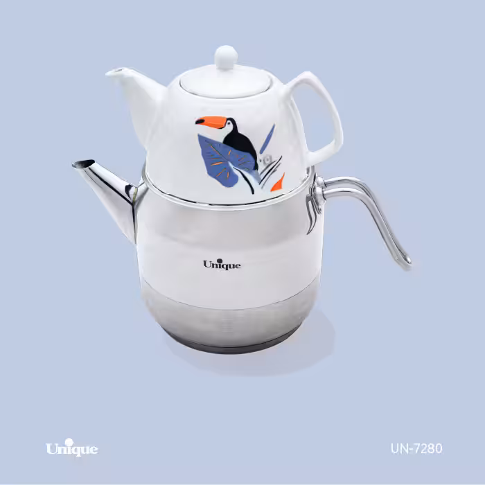 کتری استیل تک دسته با قوری چینی یونیک UN-7280