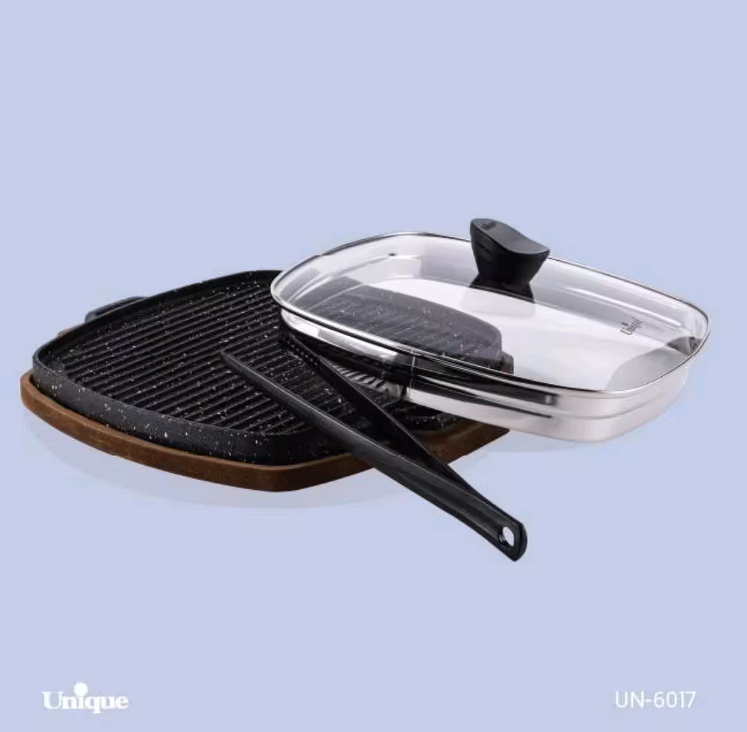 تابه گریل چدن مربع بزرگ با چوب و انبر یونیک کد UN-6017