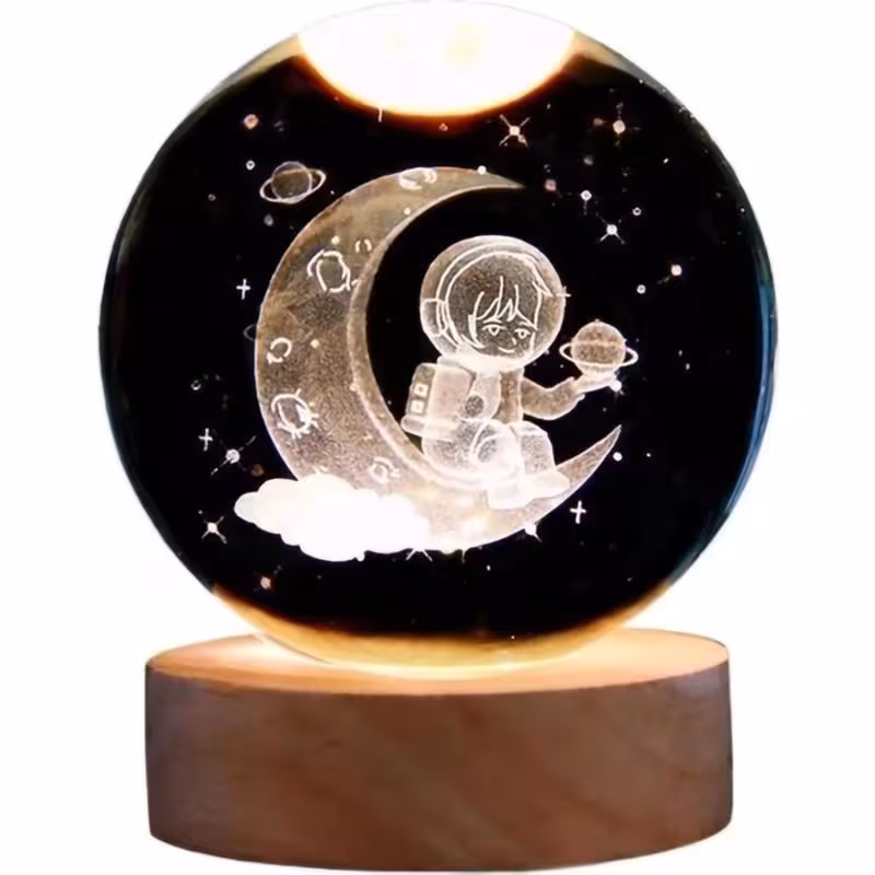 چراغ خواب مدل گوی شیشه ای 3D طرح ماه و فضانورد کد M21
