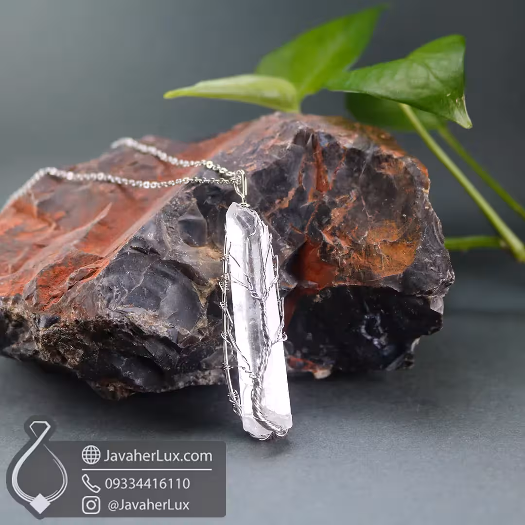 گردنبند سنگ کریستال کوارتز طبیعی راف تراش نخورده  _ کد 400470