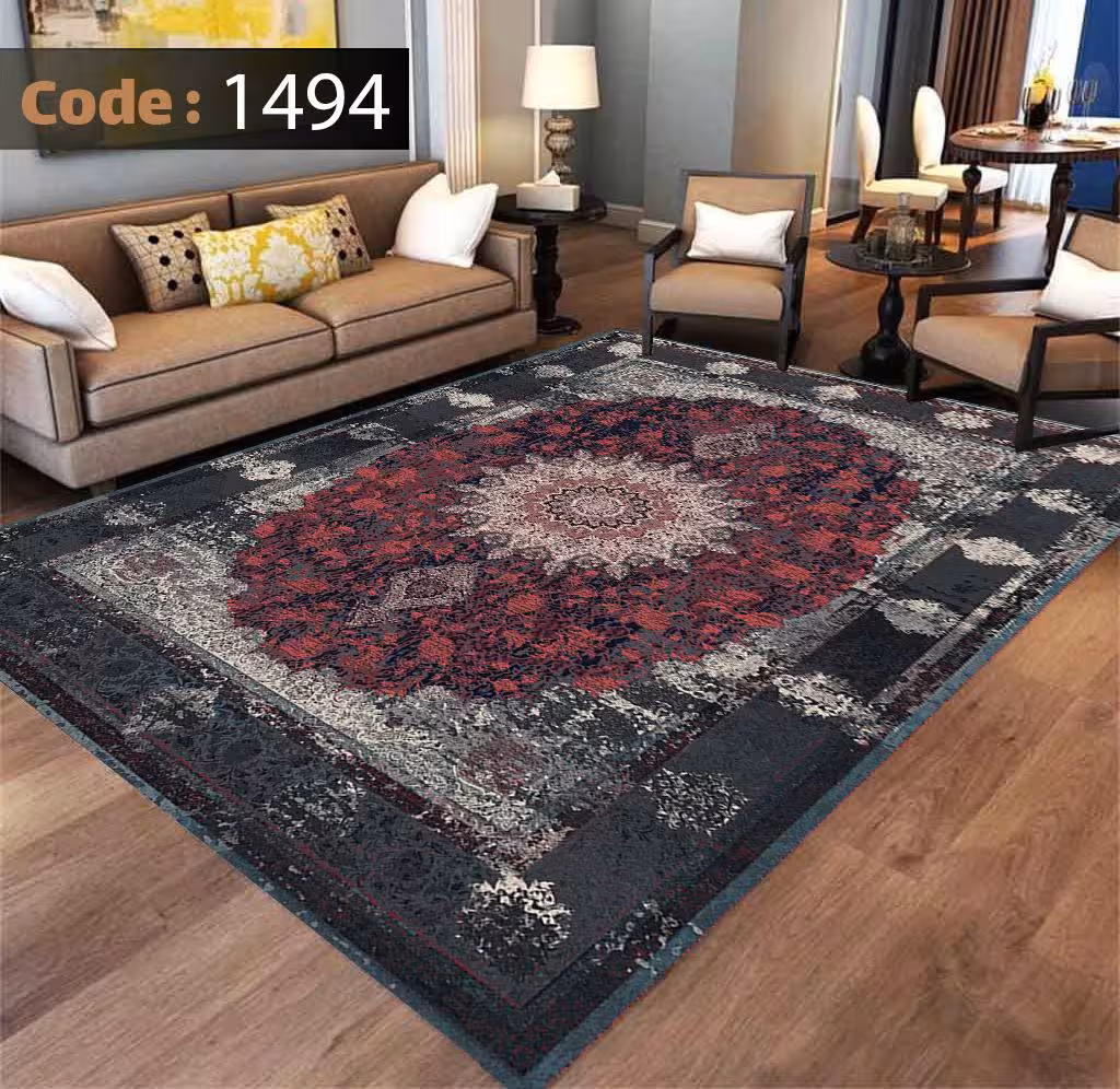 کاورفرش روفرشی دورکشدار گوشه لیفه ای لاکی ، آبی و متنوع کد 1494