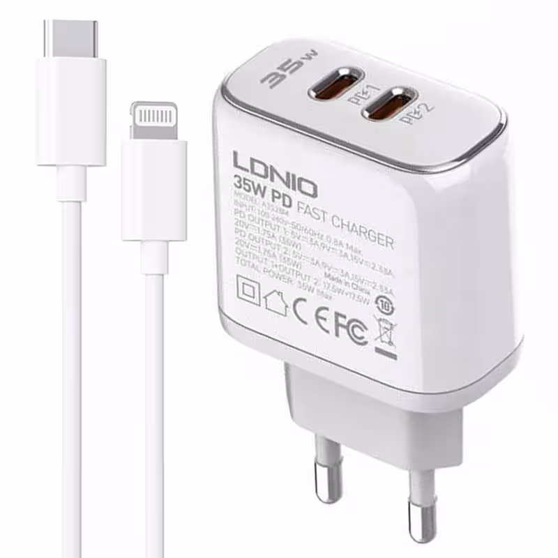 شارژر دیواری فست الدینیو مدل A2528M توان خروجی 35 وات به همراه کابل تبدیل تایپ سی به لایتنینگ