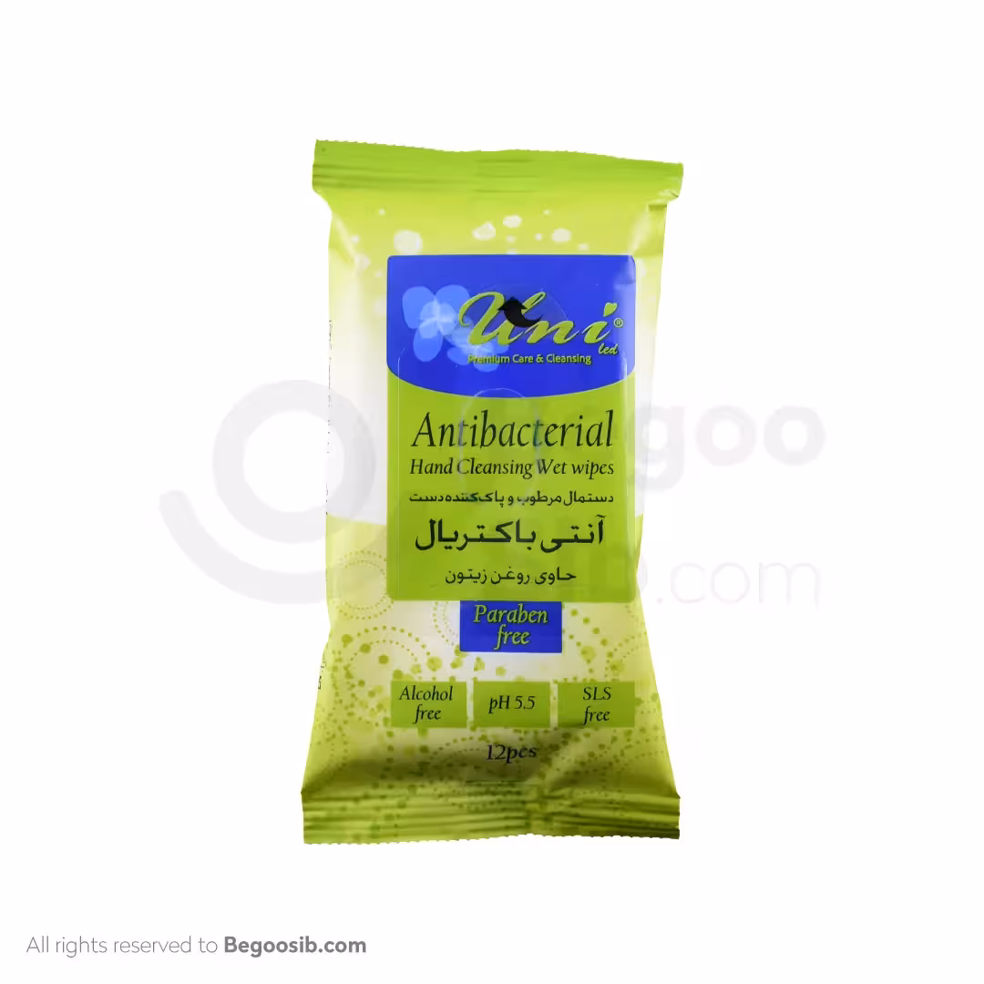 دستمال مرطوب آنتی باکتریال یونی لد حاوی روغن زیتون بسته 12 عددی