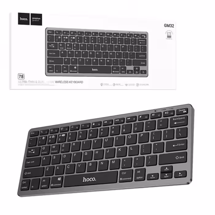 مینی کیبورد هوکو مدل GM32 طراحی فلزی لوکس طرح اپل، اتصال بی‌سیم و بلوتوث، شارژی با کابل Type-C | سازگار با  سیستم عامل مک، ویندوز و اندروید