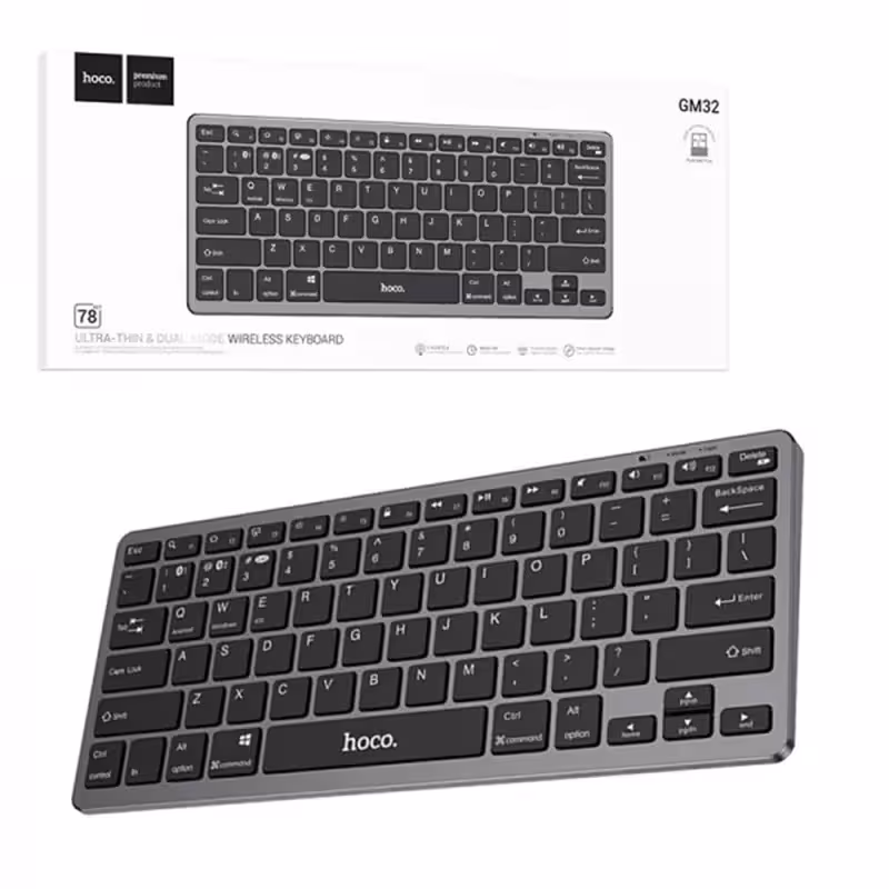 مینی کیبورد هوکو مدل GM32 طراحی فلزی لوکس طرح اپل، اتصال بی‌سیم و بلوتوث، شارژی با کابل Type-C | سازگار با  سیستم عامل مک، ویندوز و اندروید