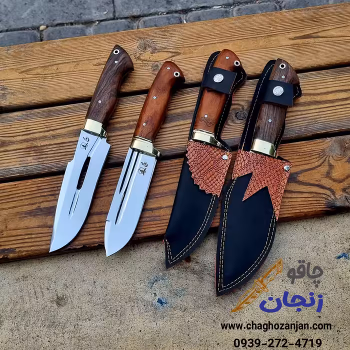 چاقو شکاری سفارشی زنجان تیغه فولادی دسته چوب گردو با غلاف | بسته 2 عددی