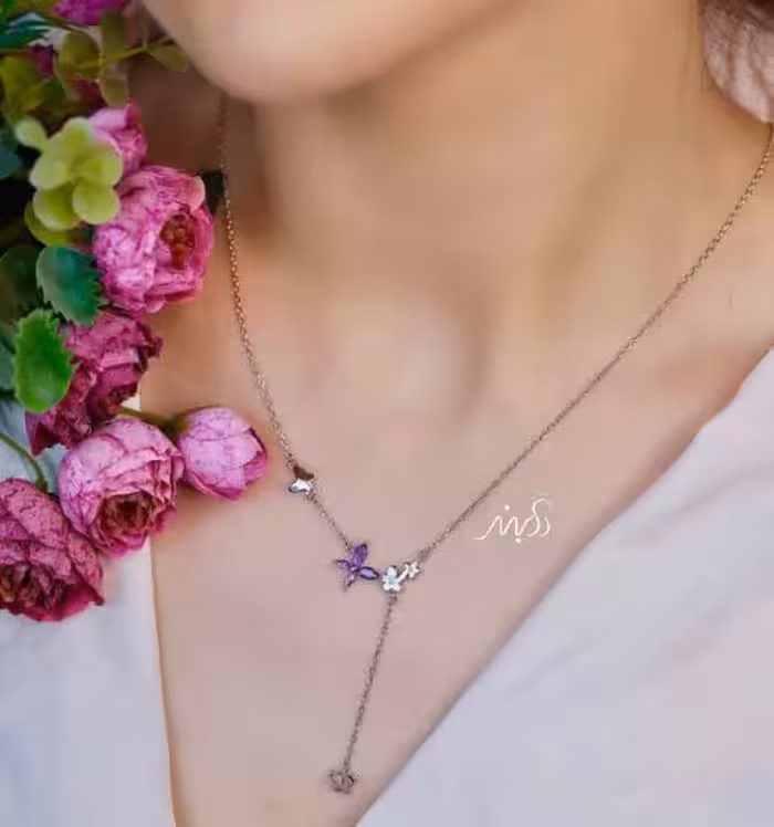 💍گردنبند جواهری گل و پروانه با نگین بنفش  ، خاص و زیبا ، نقره عیار 925 (G_3266)‌‌‌‌‌‌