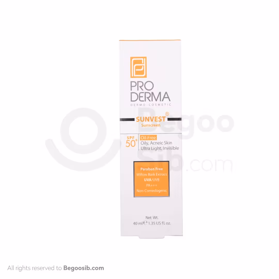 کرم ضد آفتاب بی رنگ پرودرما spf 50 فاقد چربی 40 میلی لیتری