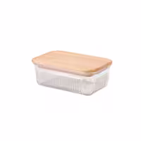 ظرف نگهدارنده مواد غذایی لیمون مدل شیار دار، شیشه ای، حجم 450 میلی لیتر، با درب چوبی