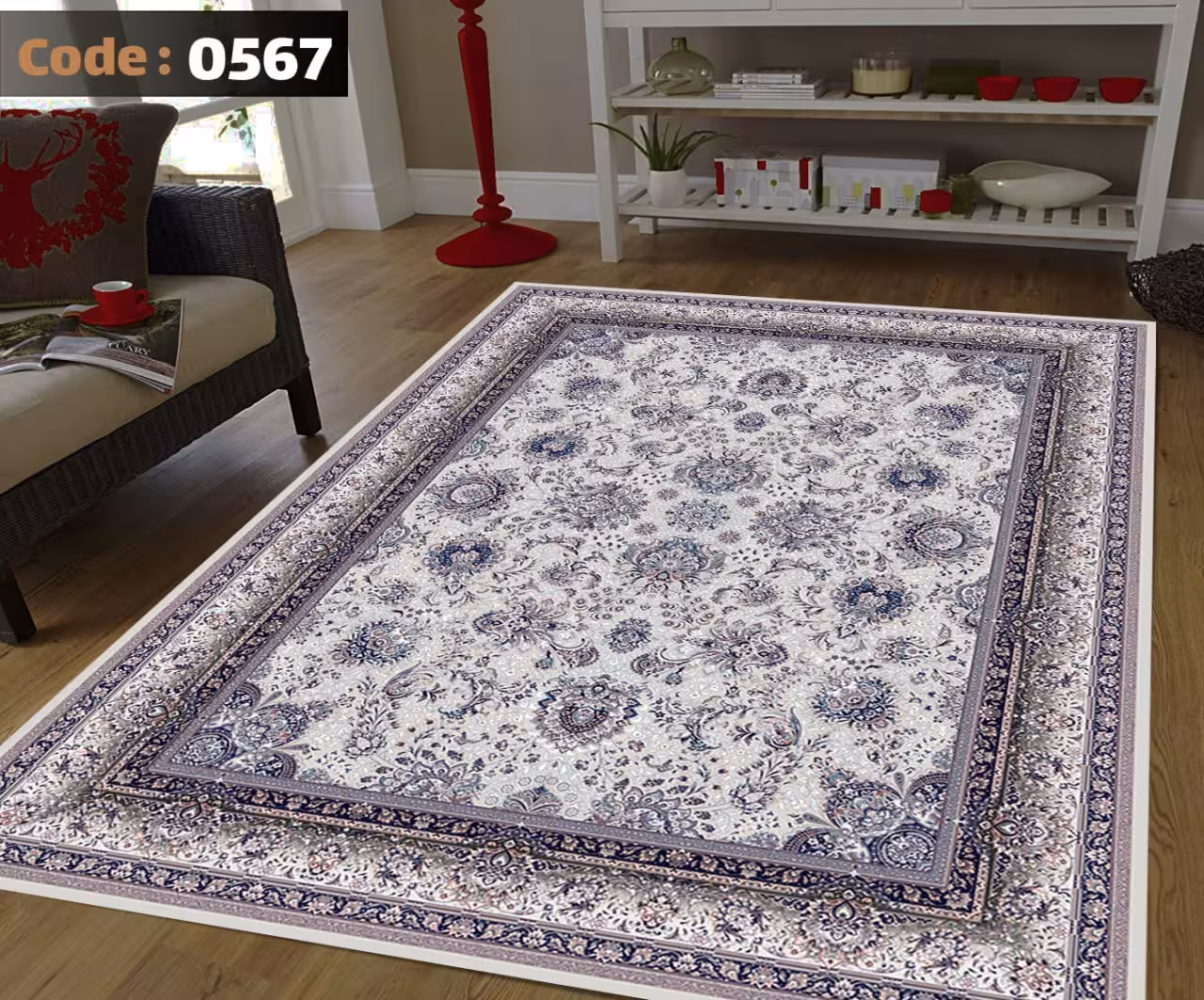 کاورفرش روفرشی دورکشدار گوشه لیفه ای لاکی ، آبی و متنوع کد 0567