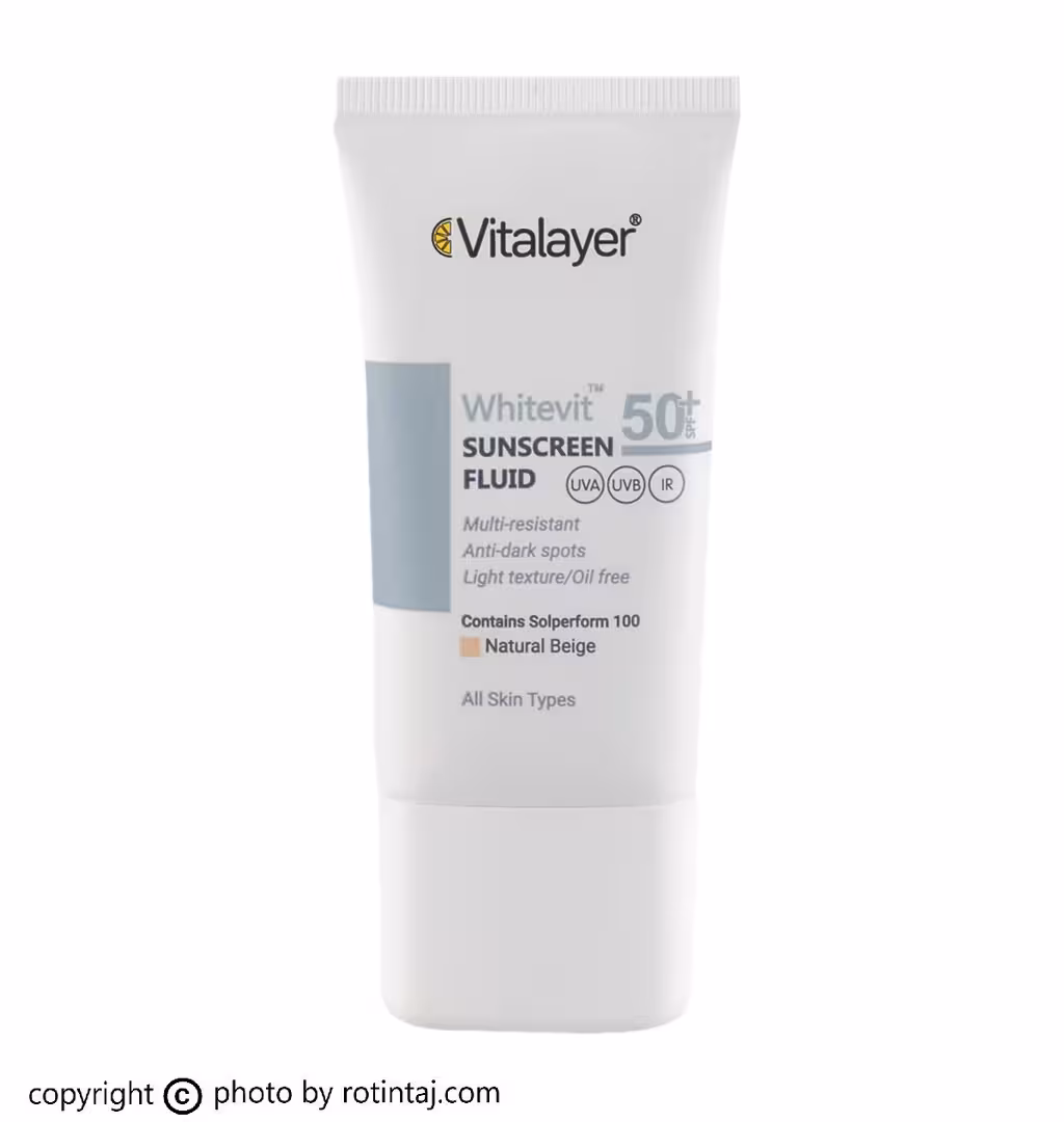 فلوئید ضد آفتاب وایت ویت بژ طبیعی SPF50 ویتالیر،‌ فلوئید ضدافتاب پوست کدر و مستعد لک بژ طبیعی Whitevit ویتالیر 50 میلی