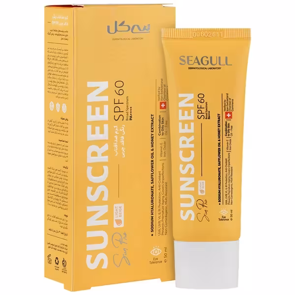 کرم ضد آفتاب رنگی Spf60 بژ روشن پوست مختلط تا چرب سی گل 50 میلی لیتر Seagull