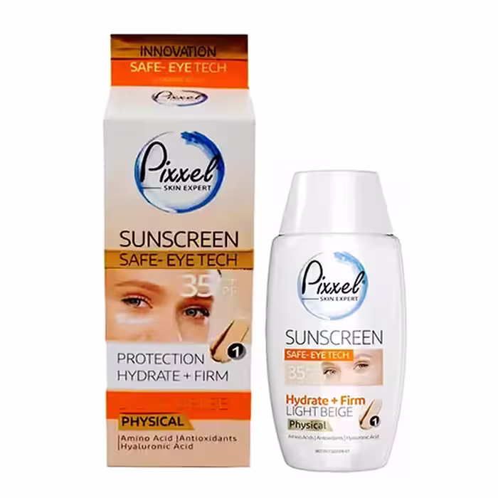 کرم ضد آفتاب دورچشم و صورت بژ روشن برند پیکسل مدل فیزیکال SPF35
