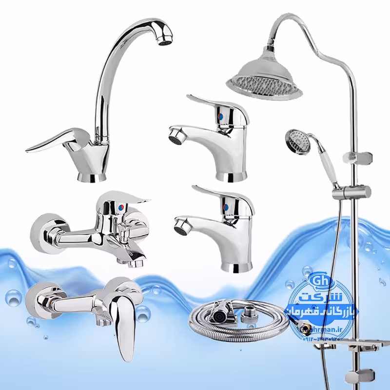 ست 7 عددی شیرآلات برند آیدا صنعت مدل قهرمان | شیر ظرفشویی   2 عدد روشویی   حمام   توالت   علم دوش شیپوری   شلنگ توالت | کروم براق