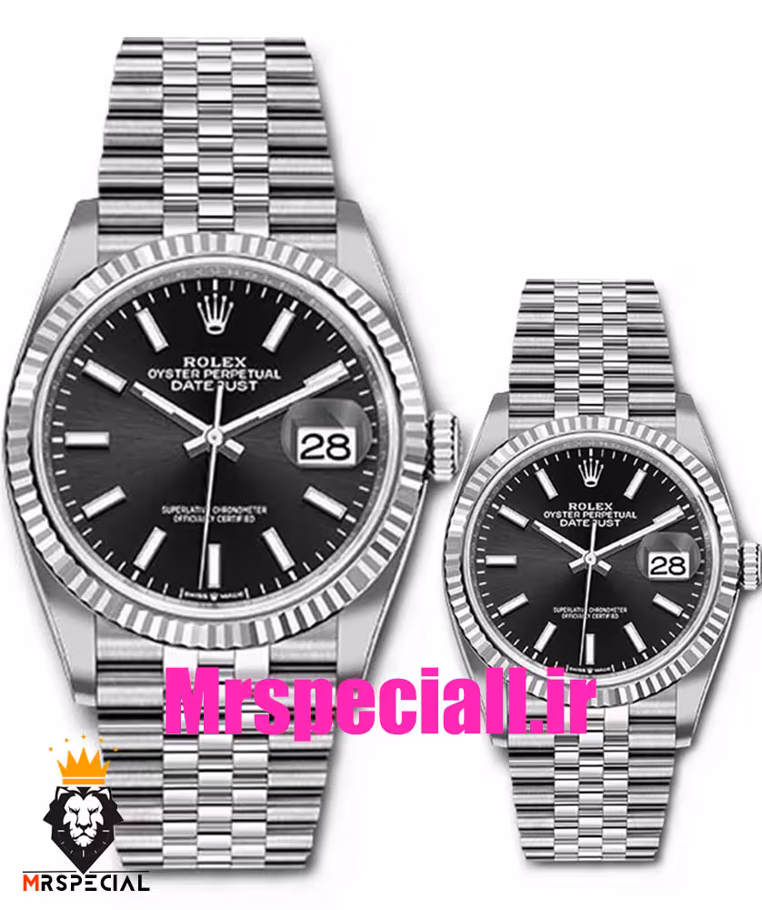 ساعت ست رولکس زنانه و مردانه دیت جاست باتری استیل صفحه مشکی 01233 ROLEX DATEJUST