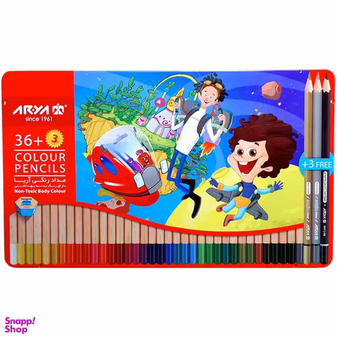 مداد رنگی 36+3 رنگ جعبه فلزی آریا مدل 3023