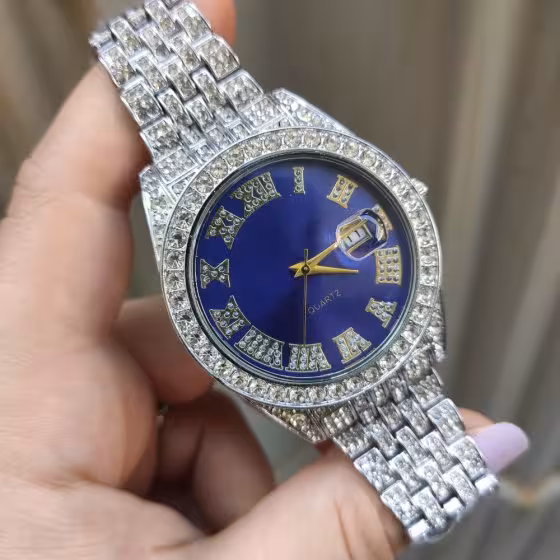 ساعت مچی فول نگین طرح رولکس بند نقره ایی صفحه نمایش آبی کد 24360