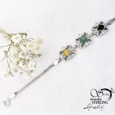دستبند نقره سنگ یاقوت، زمرد و سیترین کد 15384