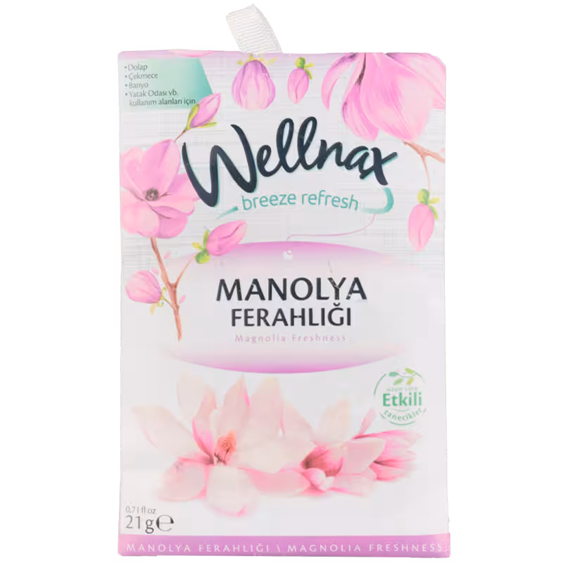 پودر خوشبو کننده کمد لباس ولناکس Wellnax رایحه گل مانولیا MANOLYA FERAHLIGI حجم 21 گرم