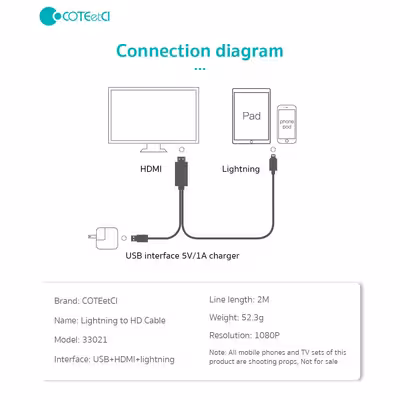 کابل تبدیل HDMI به لایتنینگ/USB کوتتسی مدل 33021 طول 2 متر