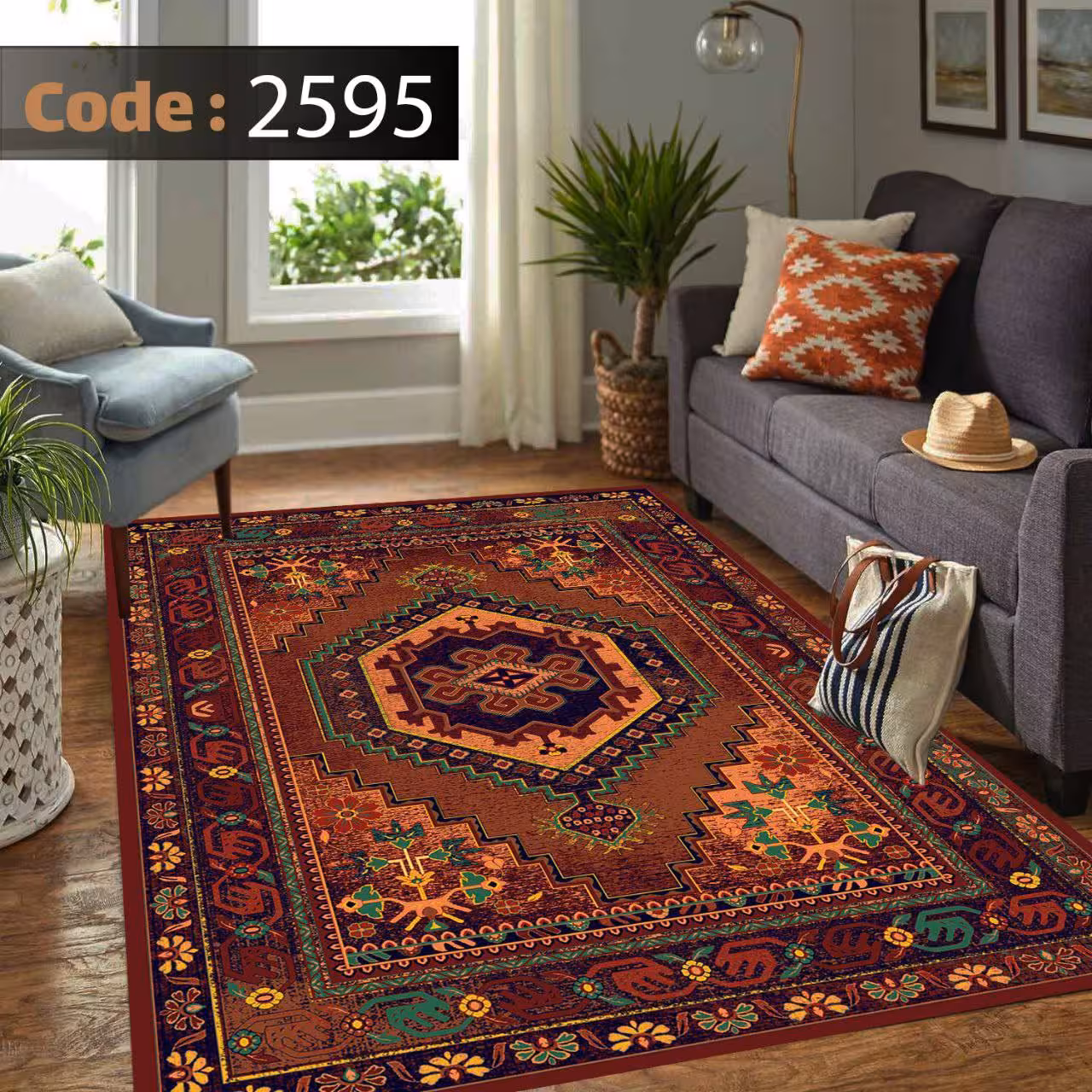 کاورفرش روفرشی دورکشدار گوشه لیفه ای لاکی ، آبی و متنوع کد 2595