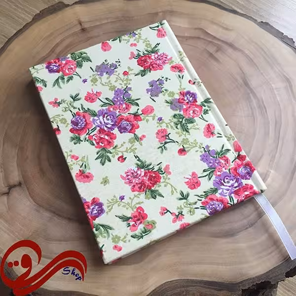 دفتر پارچه ای جیبی ساده گل صورتی زمینه سفید Fabric Handmade Notebook
