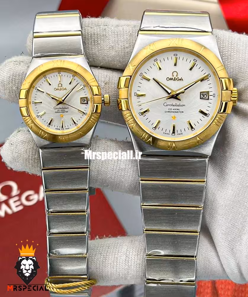 ساعت امگا ست مردانه و زنانه کانسلیشن اتوماتیک دورنگ طلایی صفحه نقره ای OMEGA constllation 020410