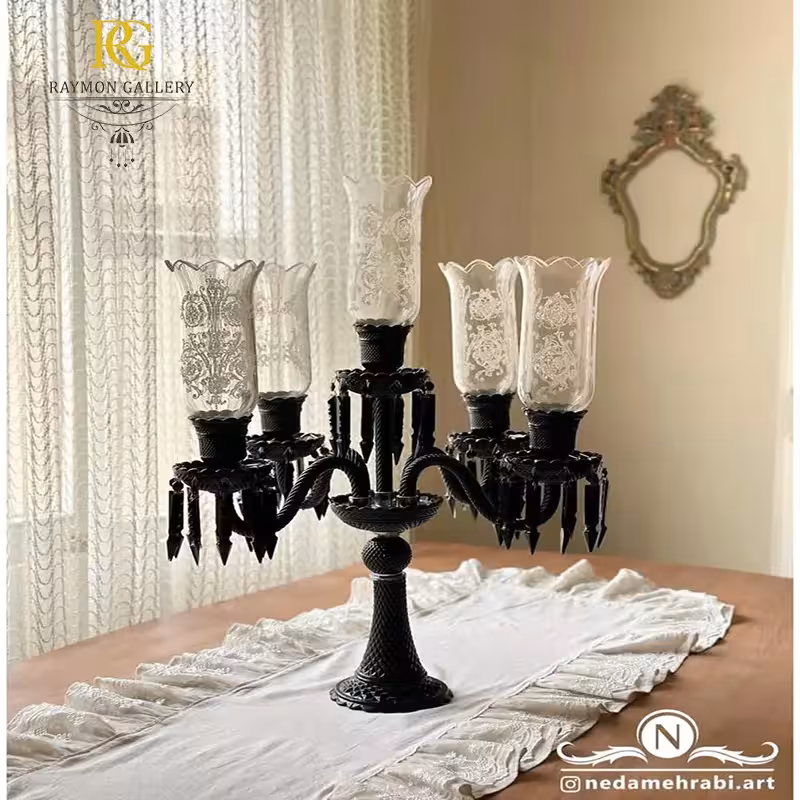 شمعدانی 5 شاخه مشکی کلاسیک حباب دار