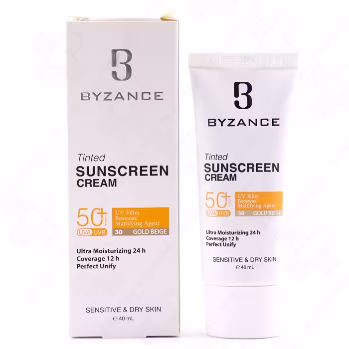 کرم ضد آفتاب  SPF50 مناسب پوست خشک و حساس بژ طلایی شماره 30 بیزانس 40 میلی لیتر