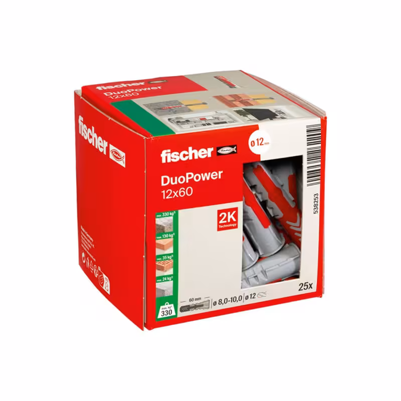 فیشر دووپاور 12×60 | رولپلاک پلاستیکی DIY | بسته 25 عددی | قطر 12 میلی‌متر | طول 60 میلی‌متر | مناسب برای مصالح ساختمانی و پروژه‌های خانگی | نصب آسان | محصول با کیفیت فیشر آلمان