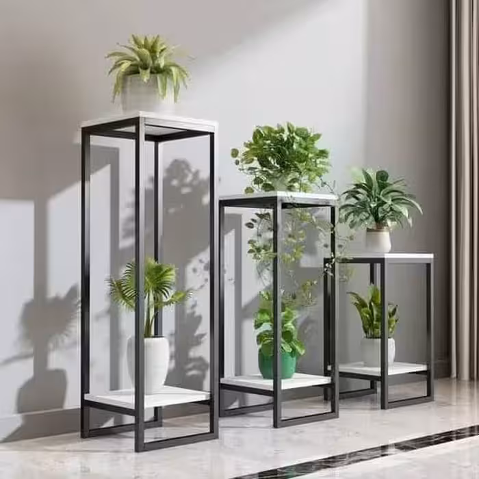 استند گلدان مجموعه3عددی (فلز مشکی و mdf سفید)