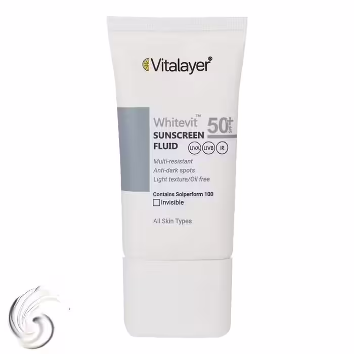 فلوئید ضدآفتاب بی‌رنگ ویتالیر SPF50 مدل Whitevit مناسب انواع پوست، حجم 50 میلی‌لیتر