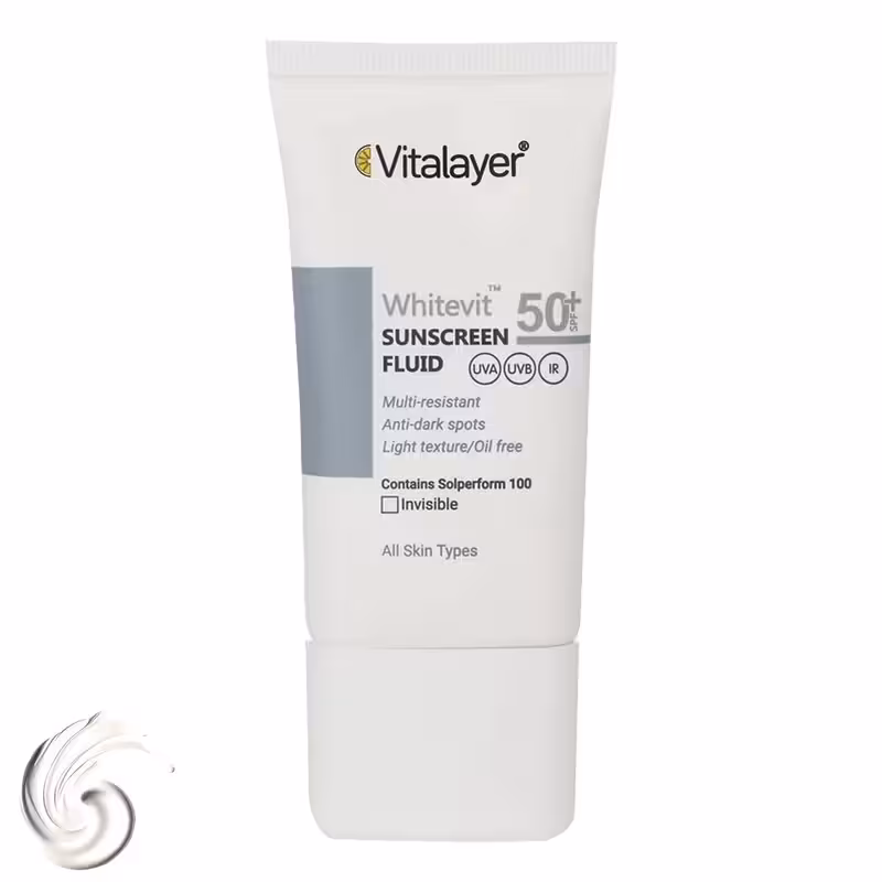 فلوئید ضدآفتاب بی‌رنگ ویتالیر SPF50 مدل Whitevit مناسب انواع پوست، حجم 50 میلی‌لیتر